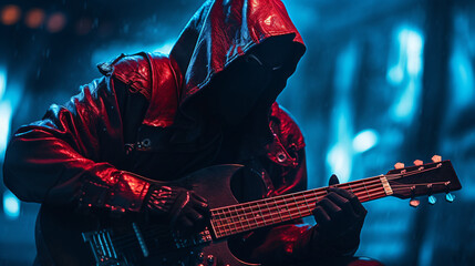 A hooded man with cybernetic parts playing the guitr