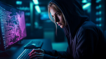 A woman hacker, developer, programmer in action 