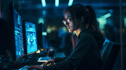 Female hacker, deeloper, programmer in action 