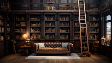 A home library with wall-to-wall bookshelves and a comfortable reading nook - obrazy, fototapety, plakaty