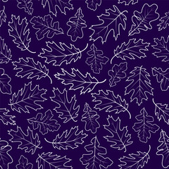 Floral vector seamless pattern with oak leaf white outlines on blue background.
