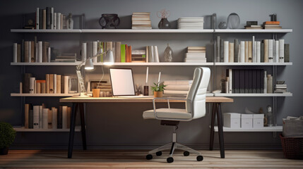 A home office with a minimalist desk, ergonomic chair, and a wall-mounted bookshelf 