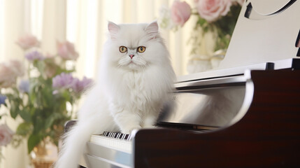 Adorable white Persian cat on the piano