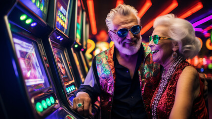 Elderly man and woman in colorful casino room surrounded by machines and colorful lights. grey hair and colorful hair, pink, orange and sunglasses, euphoric retirement - obrazy, fototapety, plakaty