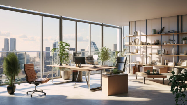 A home office equipped with a Scandinavian desk, an ergonomic chair, and large windows for plenty of natural light