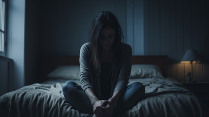 Young woman is sitting in an empty bed in a dark bedroom