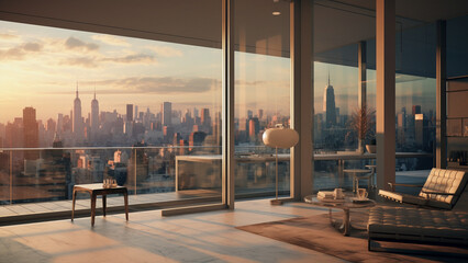 Interior of a high-rise luxury apartment with a great view of the city - obrazy, fototapety, plakaty