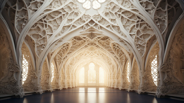 A huge chamber with a high vaulted ceiling The walls are an off-white color, and the floor is covered with a dark rug The ceiling is decorated with a series of ornate designs, and the lighting is subd