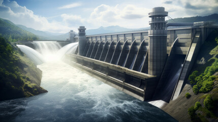 A hydroelectric power station at full capacity, generating clean electricity from water flow  - obrazy, fototapety, plakaty