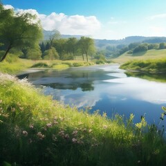 A beautiful view, a field of flowers in the middle of it, a river, very clear water, the sky is clear, the sun is beautiful, a house of wood, created using generative artificial intelligence tools.