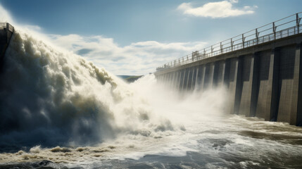 A hydroelectric dam's spillway, releasing excess water with tremendous force