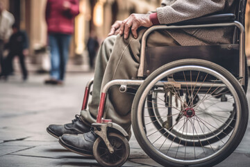 Close up on a wheelchair in which an old man sits. - obrazy, fototapety, plakaty