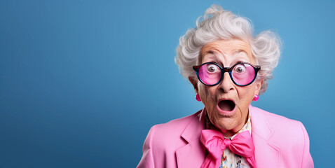Colorful studio portrait of eccentric elderly granny wearing pink suit with bow tie and sunglasses, blue background, shocked and surprised expression