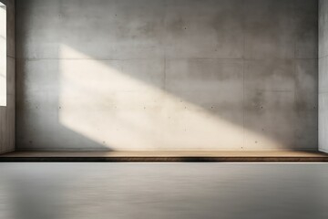 Empty Room Interior With Concrete Walls, Grey Floor, And Soft Skylight From Window, Offering Background With Copy Space Mockup . Сoncept Empty Room, Concrete Walls, Grey Floor, Soft Skylight, Window