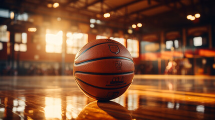 Basketball rests on the court floor.Generative AI