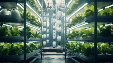 A hydroponic vertical farm, growing crops in stacked shelves using nutrient-rich water - obrazy, fototapety, plakaty