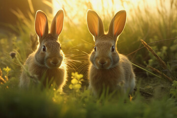 Obraz premium Rabbits sitting in the grass backlit by the sun