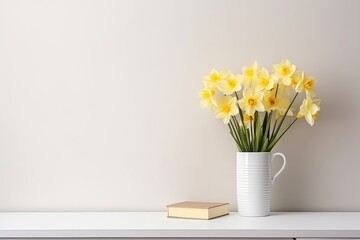 Home Office With Daffodils In Vase And Office Supplies On Light Background For Bloggers Mockup. Сoncept Home Office Decor, Bloggers Essentials, Mockup Photography, Spring-Inspired Workspace