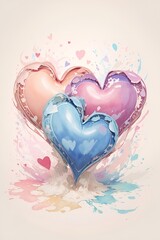 Watercolor hearts drawing. AI generated illustration