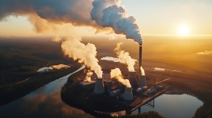 An overhead perspective of a coal-fired power plant, where tall chimneys release dark smoke into the sky, contaminating the atmosphere as the sun rises.