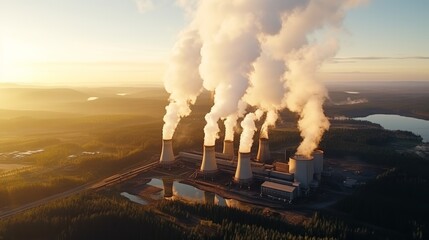 An overhead perspective of a coal-fired power plant, where tall chimneys release dark smoke into the sky, contaminating the atmosphere as the sun rises. - obrazy, fototapety, plakaty