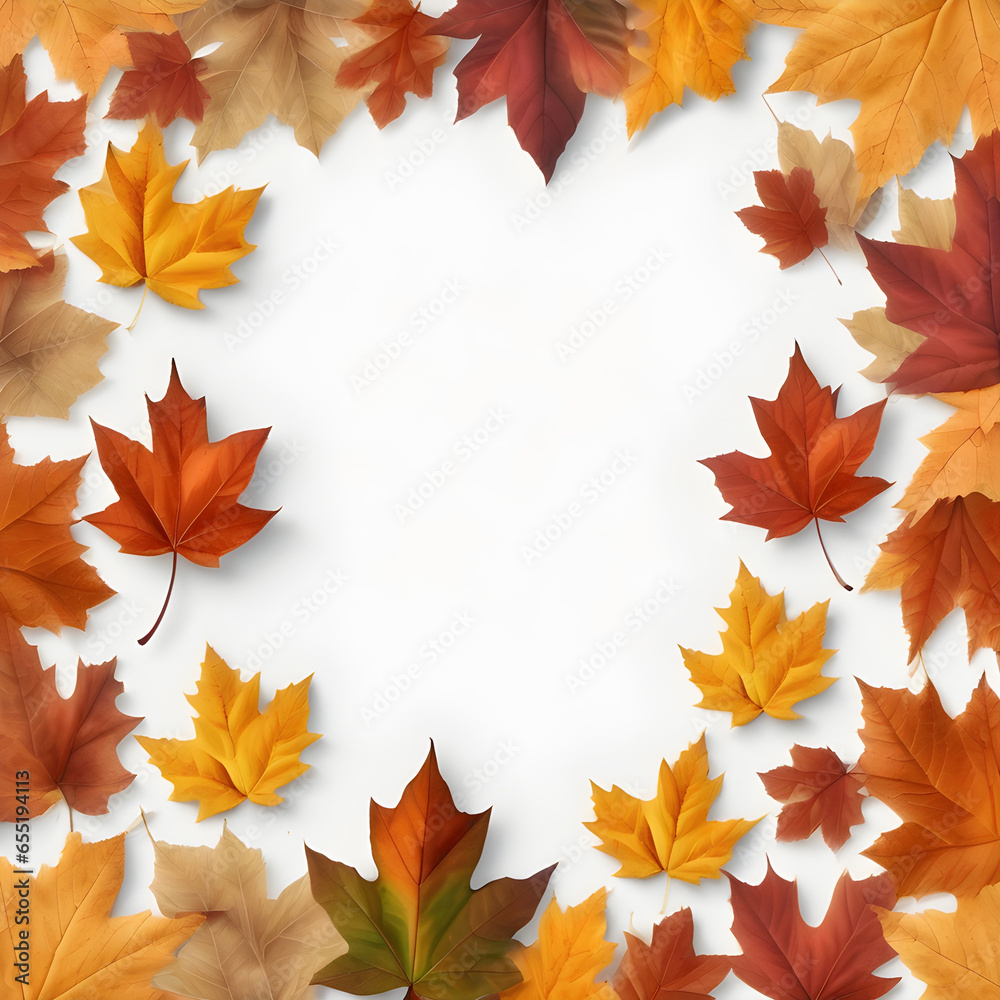 Wall mural autumn leaves border isolated on white background with free space in the center for text. generative