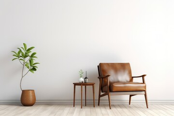 Modern Midcentury And Minimalist Interior Of Living Room With Leather Armchair, Table, White Wall, And Wood Floor Mockup . Сoncept Interior Design, Living Room, Modern, Midcentury, Minimalist