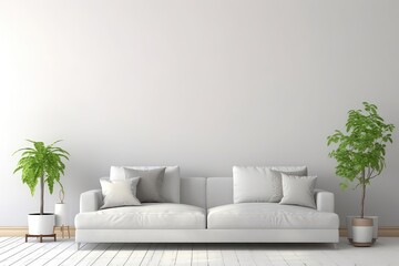 Living Room Interior Wall Mockup With Gray Fabric Sofa And Pillows On White Background Mockup . Сoncept Living Room Decor, Gray Fabric Sofa, White Background, Interior Wall Mockup