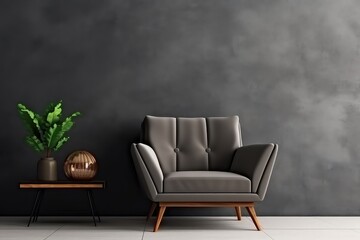 Loftstyle Interior With Grey Armchair, Dark Walls, And Panoramic Windows, Providing Stylish And Modern Setting For Relaxation With Cup Of Coffee Or Good Book Mockup Minimalistic S