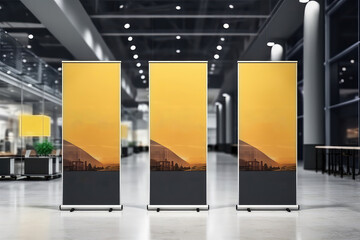 Mockup Of Three Vertical Rollup Banners At Trade Fair Mockup - obrazy, fototapety, plakaty