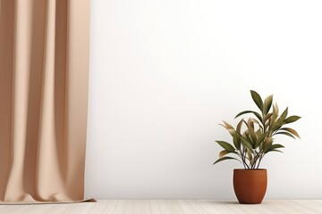 Mockup Plant Against White Wall, Brown Curtain, Wood Floor, Illustration Mockup . Сoncept Interior Design, Home Decor, Graphic Design, Photography