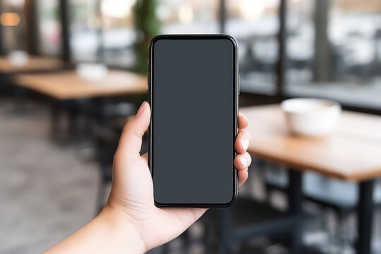 Mockup Image Of Woman Holding And Showing Black Mobile Phone With Blank Screen In Cafe Mockup