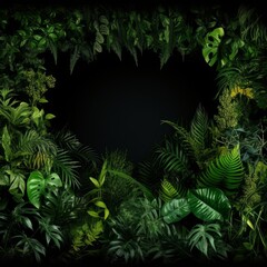 Fototapeta na wymiar Lush greenery of a tropical rainforest garden with various plants such as ferns, palm trees, and philodendrons. The vibrant leaves create a natural frame against a black background, showcasing