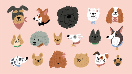 Cute dogs faces illustration in cartoon style. Funny puppies head portraits of different doggy breeds. Happy dog pets face avatars. Flat graphic vector 