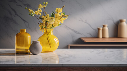 A kitchen countertop with a marble surface and bright yellow decorations