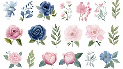 A set of watercolor floral illustrations featuring blush pink and blue flowers along with green leaves. These individual elements are perfect for creating bouquets, wreaths, wedding invitations
