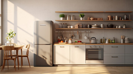 A kitchen with a large refrigerator an oven and a few cupboards with dishes and utensils 