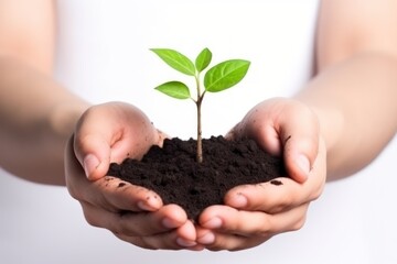hands holding seeding plant with soil