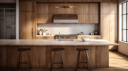 A kitchen with wooden cabinets a large island and stainless steel appliances - obrazy, fototapety, plakaty
