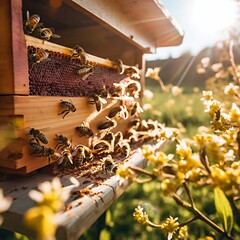 Take a close-up shot of a beehive, with worker bees busily buzzing around, collecting nectar from the surrounding flowers, and a hive in the background to highlight the importance of pollinators in re - obrazy, fototapety, plakaty