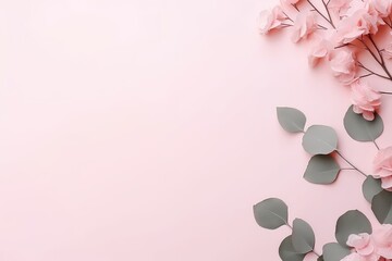 Pink Florals And Eucalyptus On Pink Backdrop For Special Occasions Mockup . Сoncept Floral Mockup, Pink Backdrop, Special Occasions, Eucalyptus - obrazy, fototapety, plakaty
