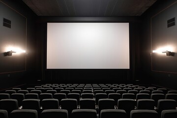 People In The Cinema Auditorium With Empty White Screen Mockup . Сoncept Cinema Experience, Empty Screen Mockup, Moviegoers, Film Enthusiasts