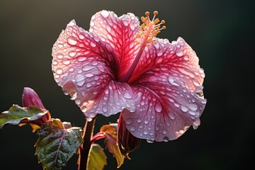 hibiscus flower with dew drops in early morning light