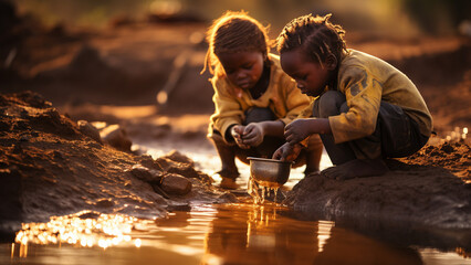 Black children panning for gold in rough mud - obrazy, fototapety, plakaty