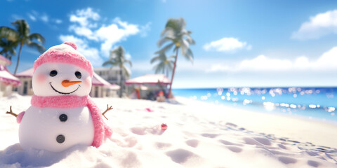 Pink cheerful funny snowman with pink hat on white sandy beach by ocean. Picturesque island, palm trees, blue sky and horizon. Happy New Year and merry Christmas