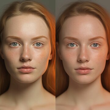 Take a photo of a before-and-after comparison of a woman's skin, with the image styled to suggest that the transformation is the result of using Vitamin C Serum.