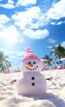 Pink funny snowman with pink hat on white sandy beach by ocean. Picturesque island, palm trees, blue sky and horizon. Happy New Year and merry Christmas. Vertical picture
