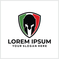 Stock vector of Titan logo design with colored shield background