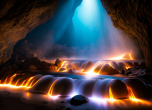 Glowing cave. River. Generative AI