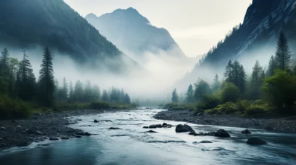 Zelfklevend Fotobehang fog over the mountains and river © Love Mohammad